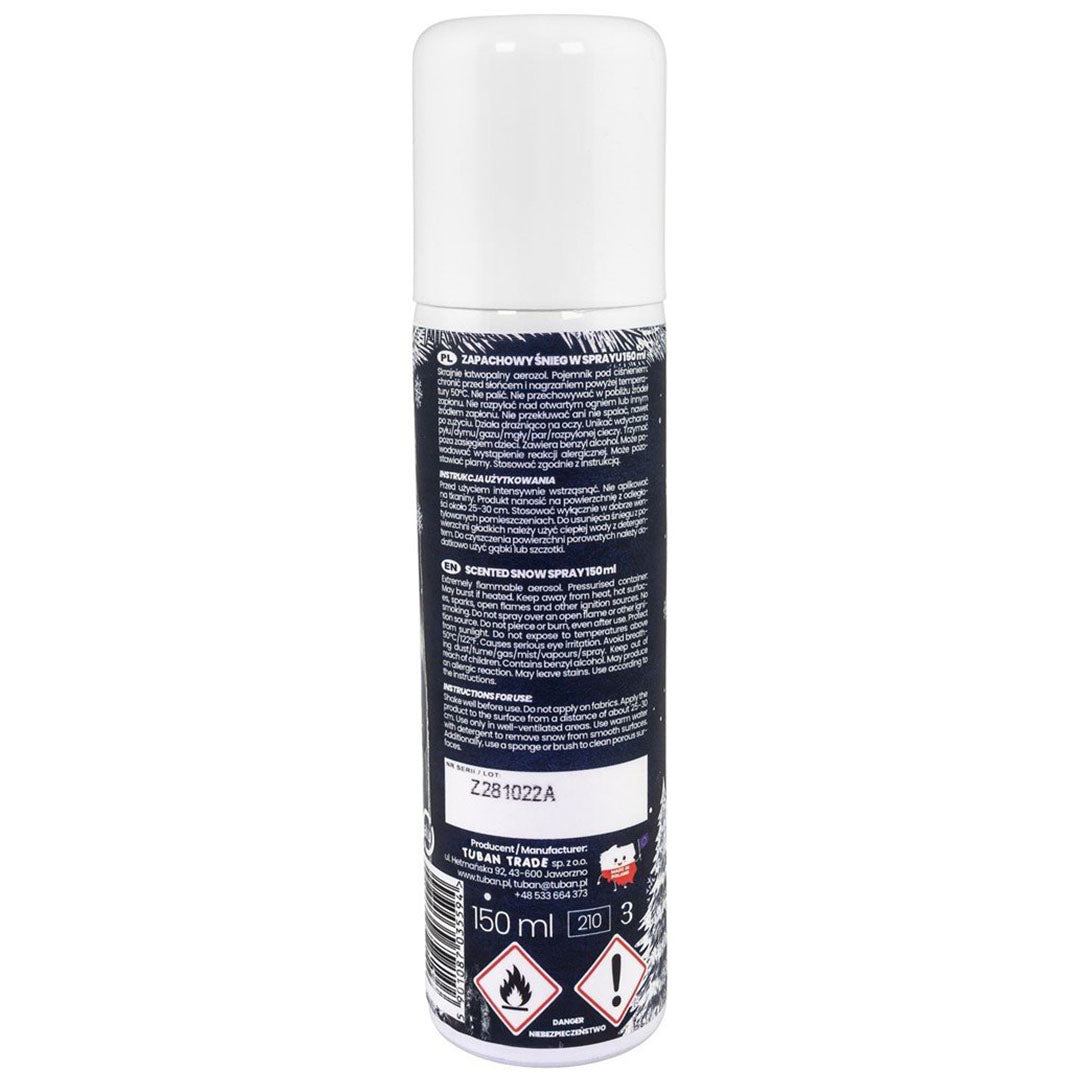 Achterkant van de Tuban sneeuw spray spuitbus met productinformatie en waarschuwingen in verschillende talen.