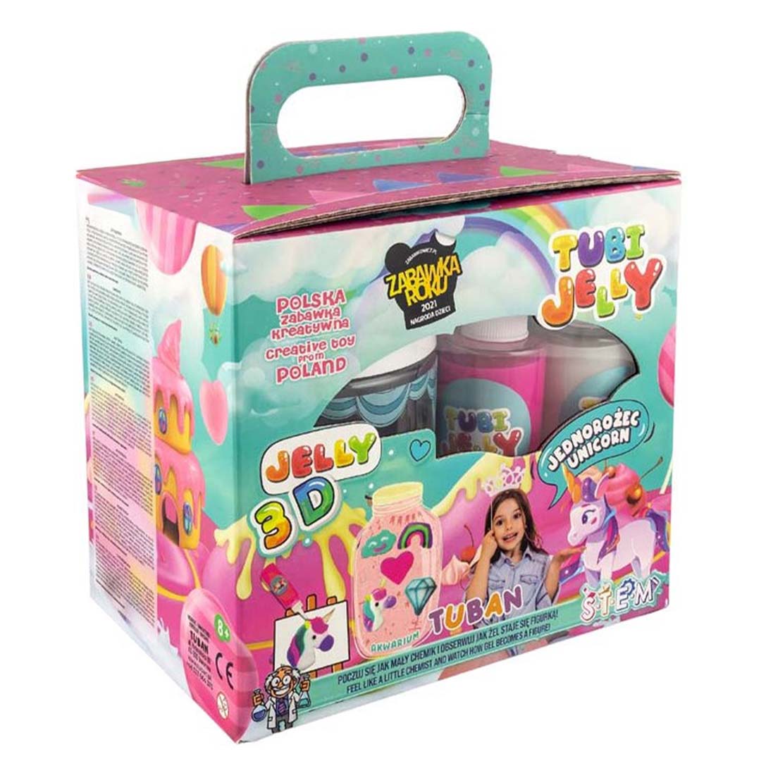 De verpakking van de Tuban Tubi Jelly set met eenhoorn- en regenboogthema.