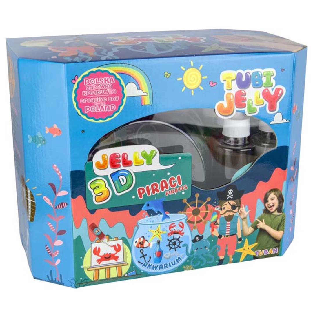 Blauwe verpakking van de Tuban Tubi Jelly 3D piraten knutselset met zeedieren en een aquarium.