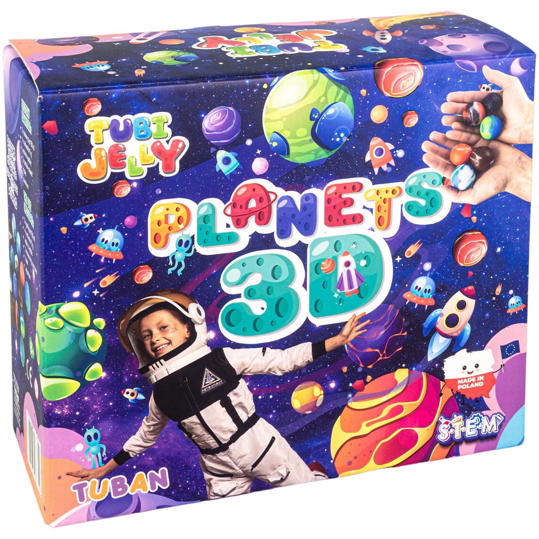 Tuban Tubi Jelly Planets 3D hobbyset verpakking met een kind in ruimtepak en ruimtefiguren.