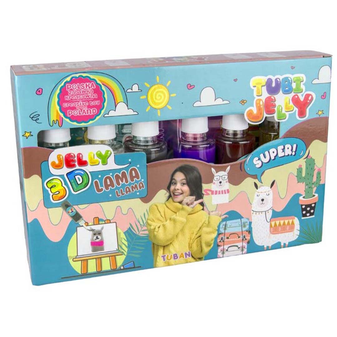 Verpakking van de Tuban Tubi Jelly set met 6 kleuren en een lama- en regenboogthema.