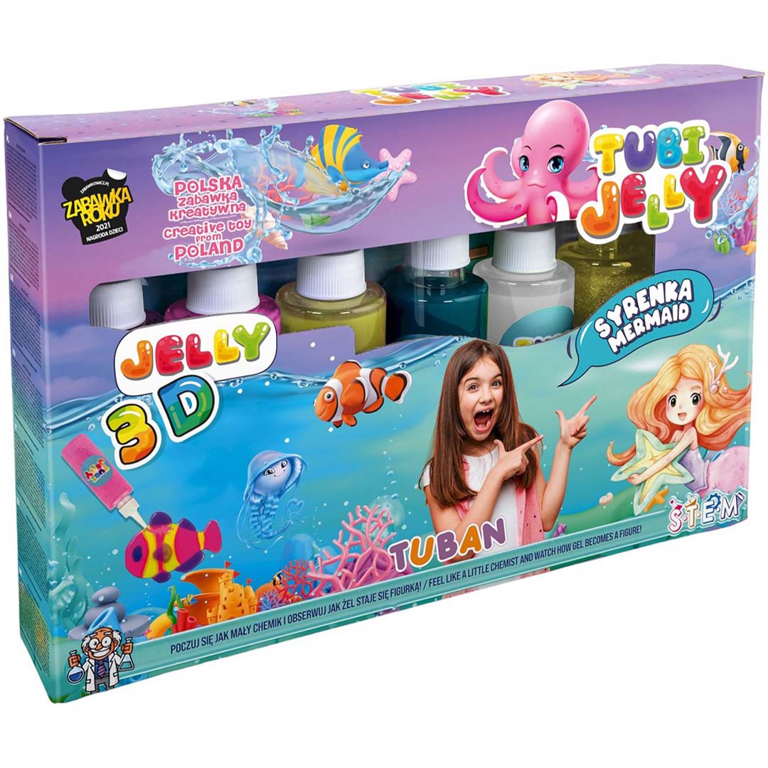 De verpakking van de Tuban Tubi Jelly 3D zeemeermin knutselset met zes kleuren.