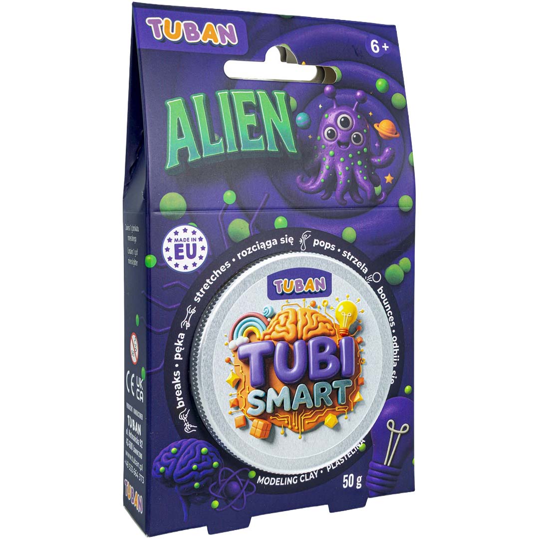 De Tuban Tubi Smart Alien modelleerklei verpakking met een paars buitenaards wezen.
