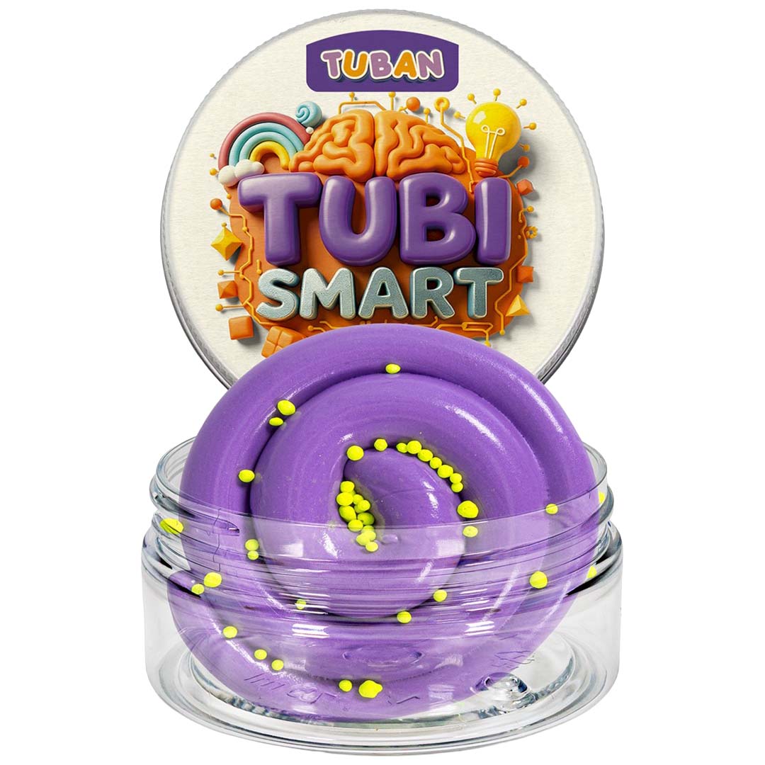 Tuban Tubi Smart paarse modelleerklei met gele stippen in een open potje.