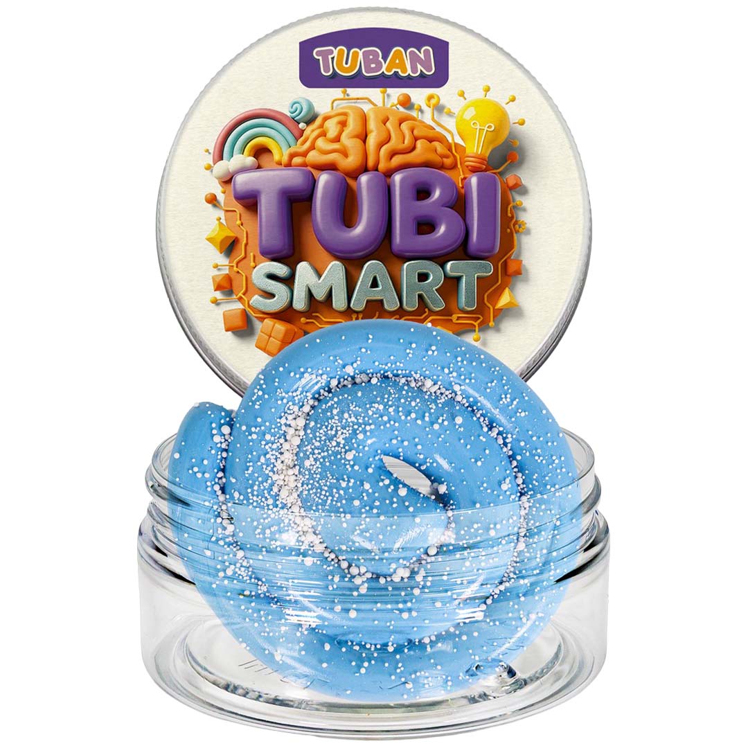Tuban Tubi Smart blauwe modelleerklei met witte spikkels in een transparant potje.