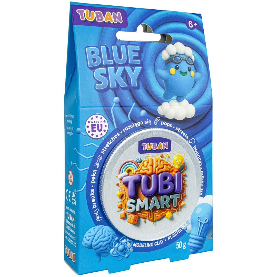 Tuban Tubi Smart Blue Sky modelleerklei verpakking met een blauw thema en een 6+ leeftijdsindicatie.