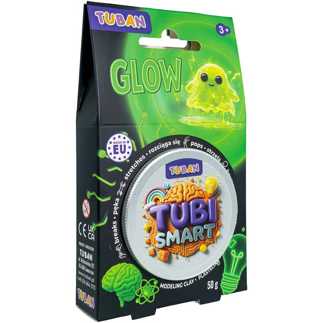 De groene en zwarte verpakking van Tuban Tubi Smart glow-in-the-dark modelleerklei voor 3 jaar en ouder.