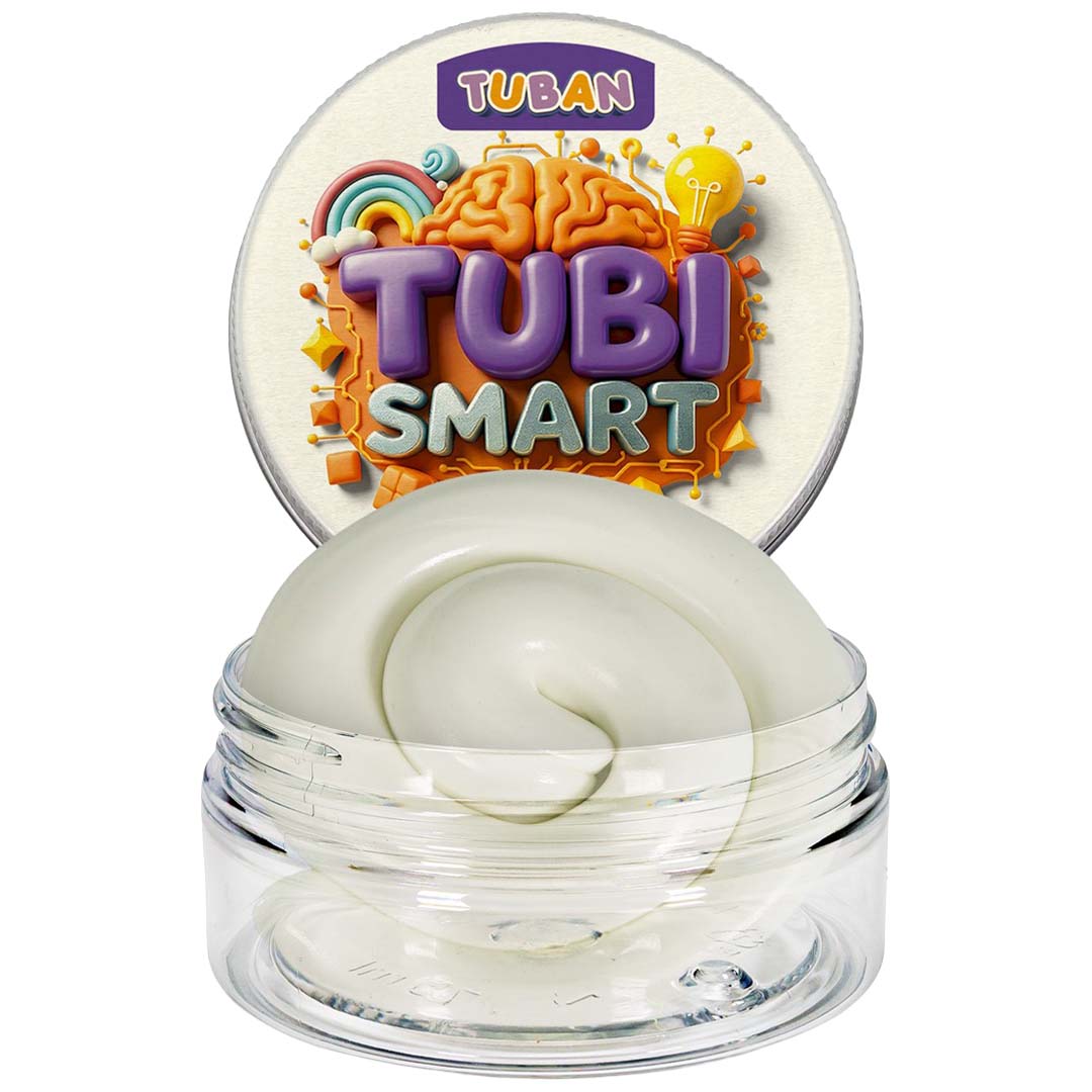 Tuban Tubi Smart glow-in-the-dark modelleerklei in een open potje met deksel.