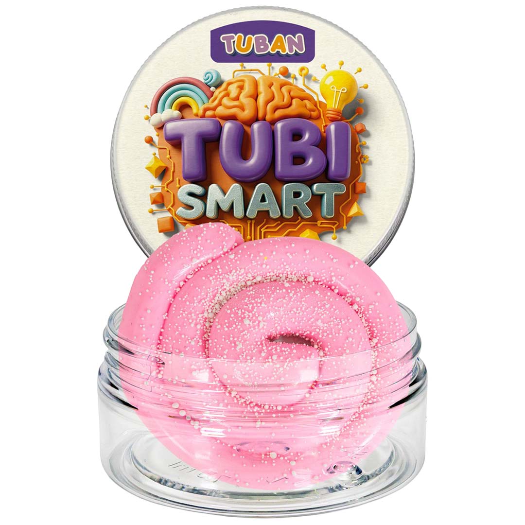 Tuban Tubi Smart roze modelleerklei met witte spikkels in een open potje.