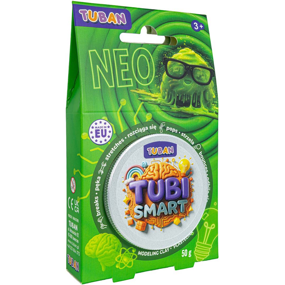 Groene verpakking van Tuban Tubi Smart modelleerklei met een slijmmonster.