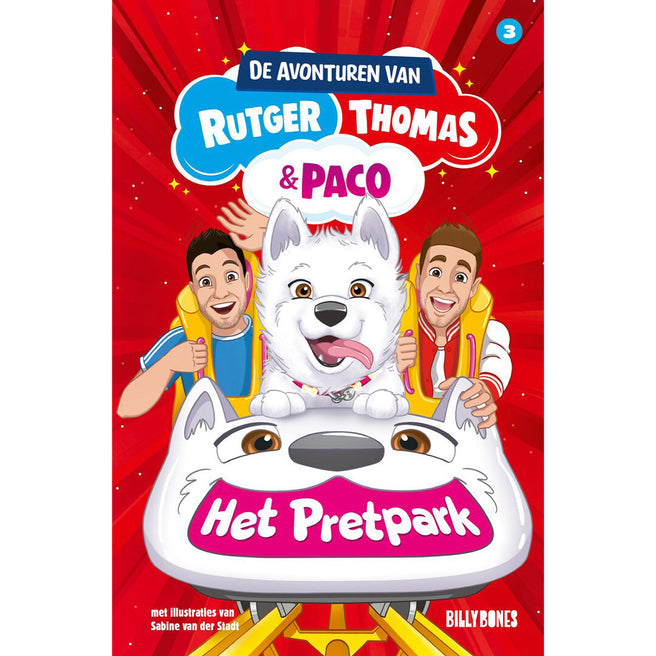 De voorkant van het Billy Bones kinderboek 'De Avonturen van Rutger Thomas & Paco - Het Pretpark' met Rutger, Thomas en Paco in een achtbaan.