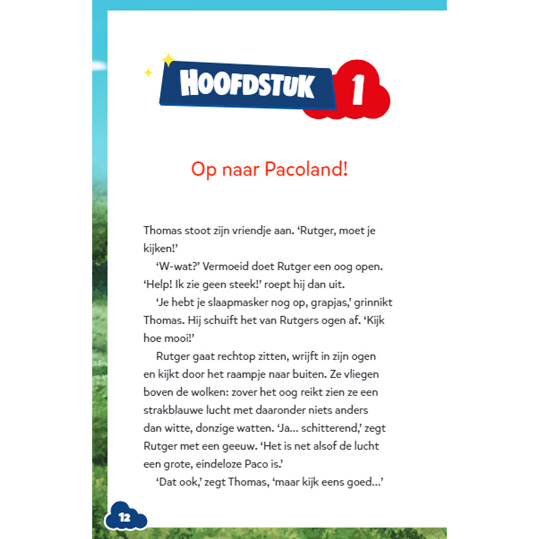 Een open pagina van het kinderboek met de titel 'HOOFDSTUK 1 Op naar Pacoland!' en Nederlandse tekst.