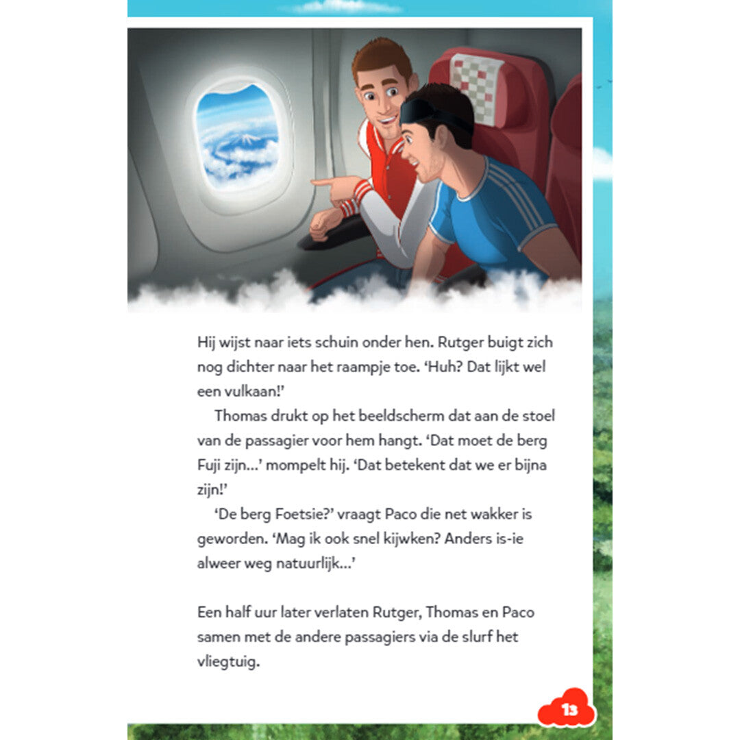 Een open pagina van het kinderboek met een illustratie van Rutger en Thomas in een vliegtuig die uit het raam kijken.
