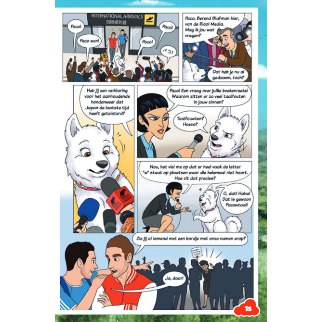 Een open pagina van het kinderboek met een stripverhaal-illustratie van Paco die geïnterviewd wordt op een vliegveld.