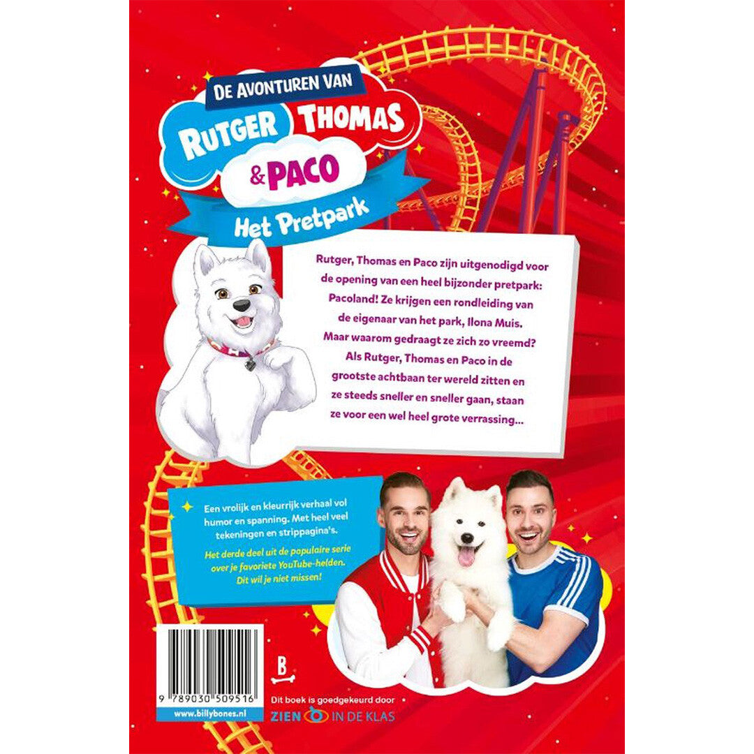 De achterkant van het Billy Bones kinderboek 'De Avonturen van Rutger Thomas & Paco - Het Pretpark' met een samenvatting en foto van Rutger, Thomas en Paco.