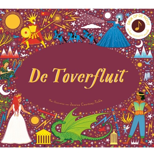 De voorkant van het Christofoor muziekboek De Toverfluit met kleurrijke illustraties van figuren en sterren.