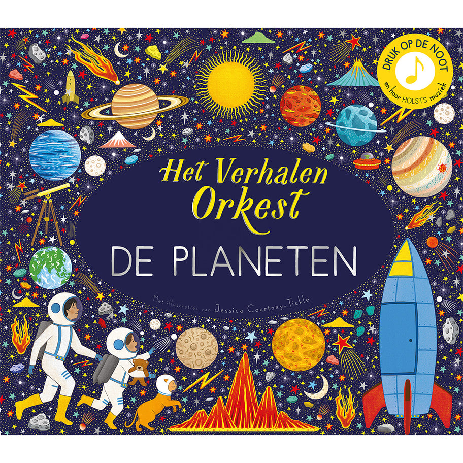 Christofoor muziekboek 'Het Verhalen Orkest De Planeten' met een illustratie van planeten, sterren, raketten en astronauten op de voorkant.