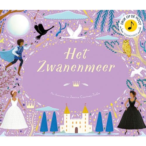 Christofoor muziekboek Het Zwanenmeer met paarse kaft, illustraties van een prins, prinsessen en zwanen.