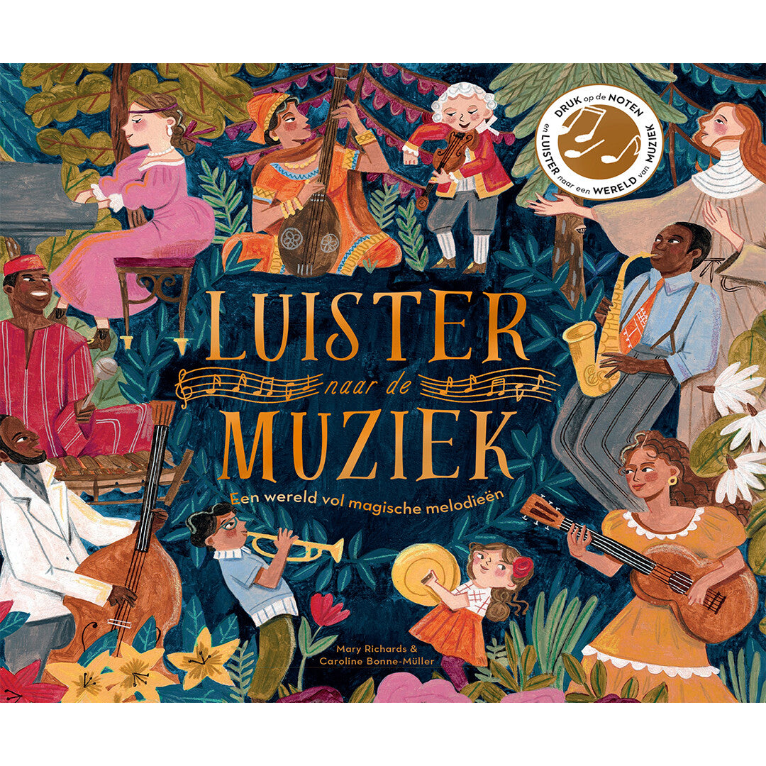De voorkant van het Christofoor muziekboek 'Luister naar de Muziek' met een illustratie van diverse muzikanten en instrumenten.