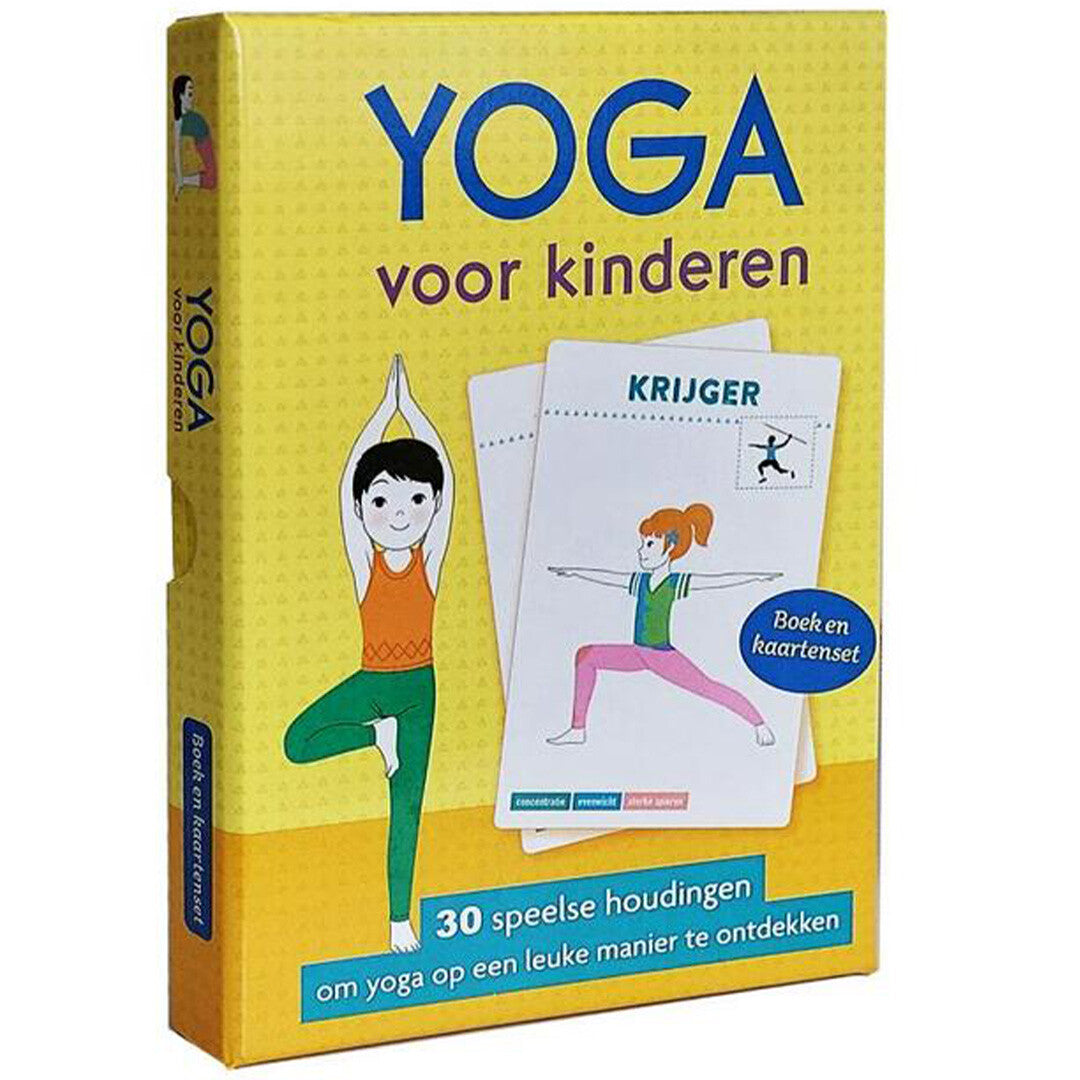Deltas verpakking van de yoga kaarten voor kinderen, met illustraties van yoga houdingen.