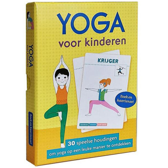 Deltas verpakking van de yoga kaarten voor kinderen, met illustraties van yoga houdingen.