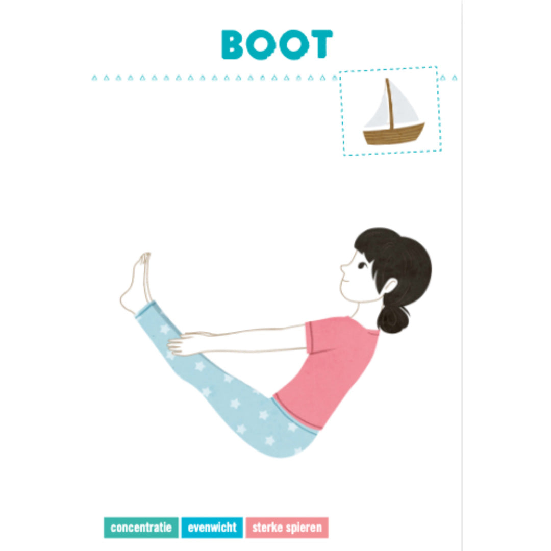 Een yoga kaart voor kinderen met de illustratie van de 'Boot' houding.