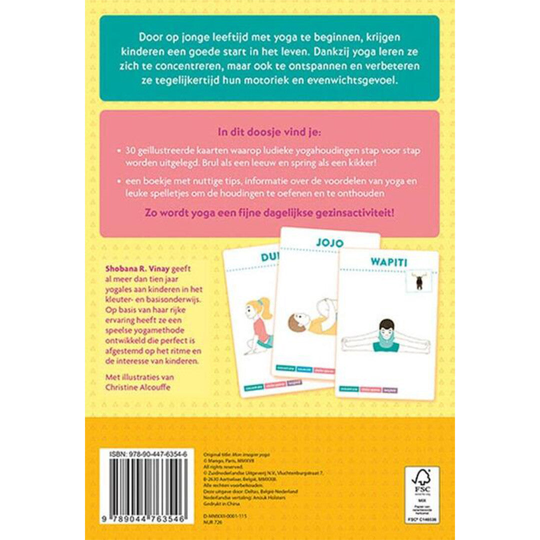 De achterkant van de Deltas verpakking van de yoga kaarten voor kinderen met productinformatie.