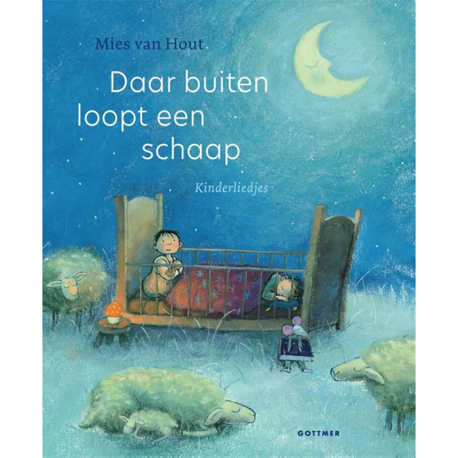 Gottmer kinderboek 'Daar buiten loopt een schaap' met een kind in bed, een muis en schapen onder een maan.