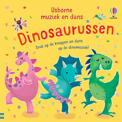 Usborne geluidenboek 'Dinosaurussen' met drie dansende cartoon dinosaurussen op de gele voorkant.