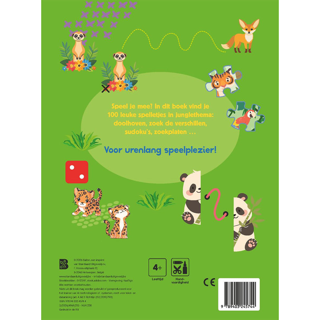 De achterkant van het Ballon educatieve spelletjesboek '100 spelletjes De jungle' met illustraties van stokstaartjes, een vos, panters en panda's.