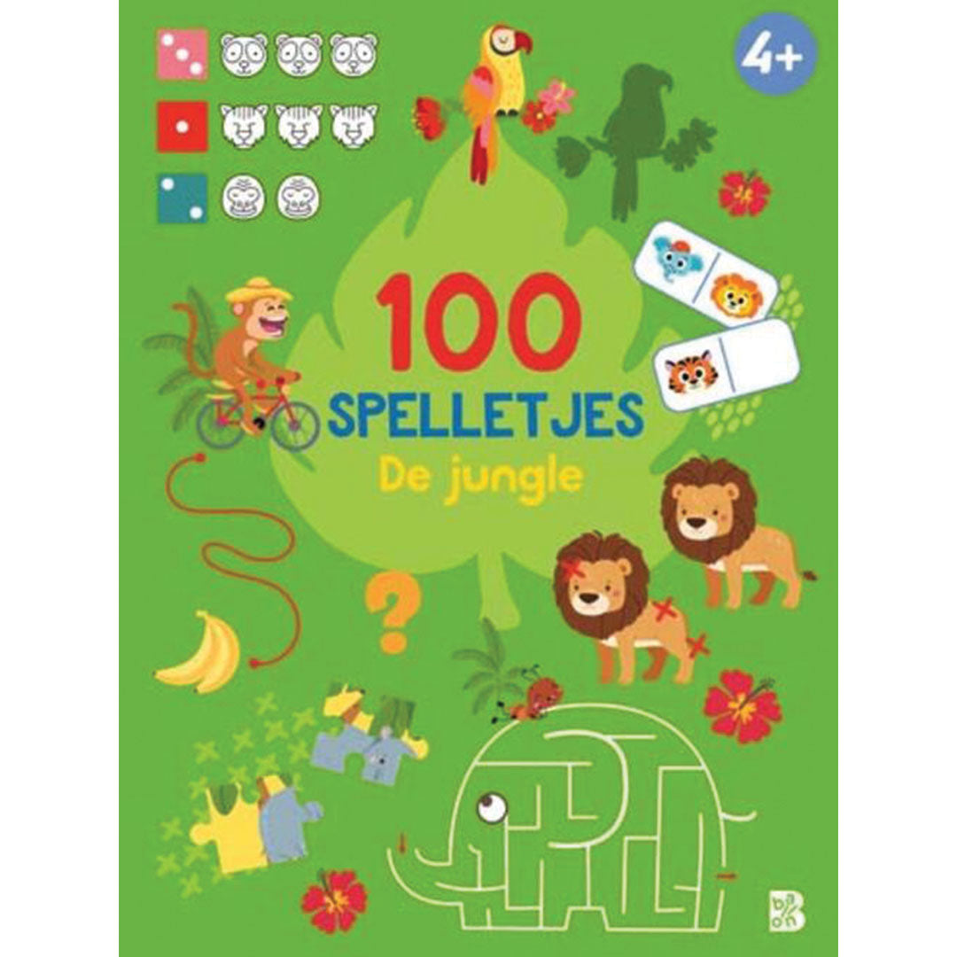 De voorkant van het Ballon educatieve spelletjesboek '100 spelletjes De jungle' met diverse jungle dieren en spelonderdelen op een groene achtergrond.