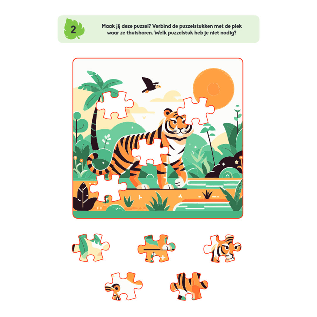 Een pagina uit het educatieve spelletjesboek met een puzzelactiviteit van een tijger in de jungle.
