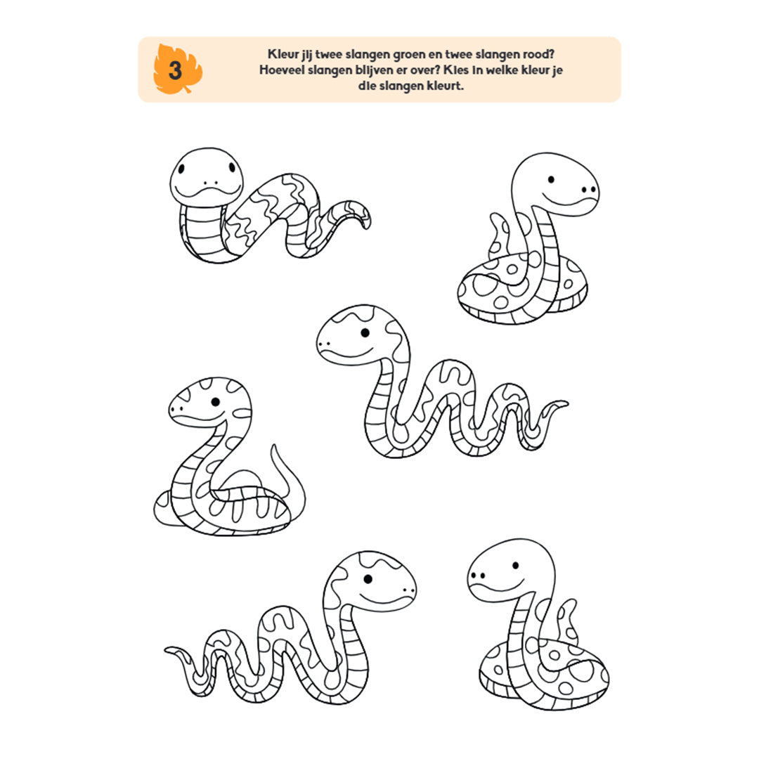 Een pagina uit het educatieve spelletjesboek met een kleuractiviteit van zes slangen.