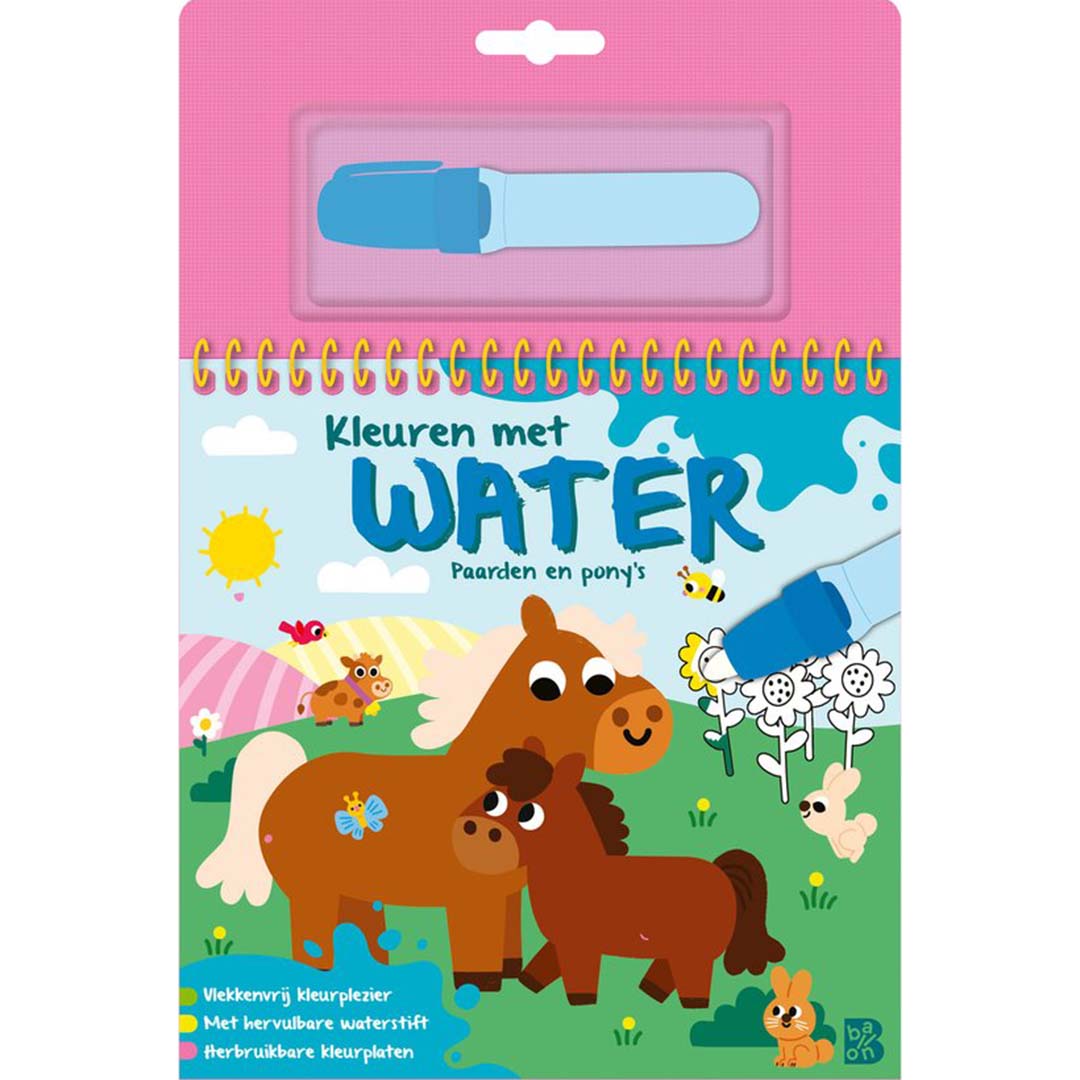 Ballon kleuren met water paarden en pony's kleurboek verpakking met twee paarden en een waterstift.
