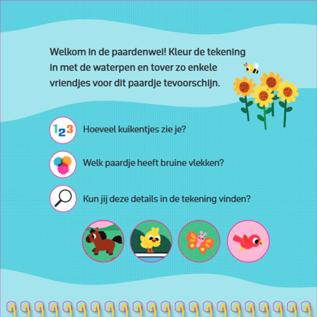 Infographic met uitleg en vragen over het kleuren met water paarden en pony's boek.