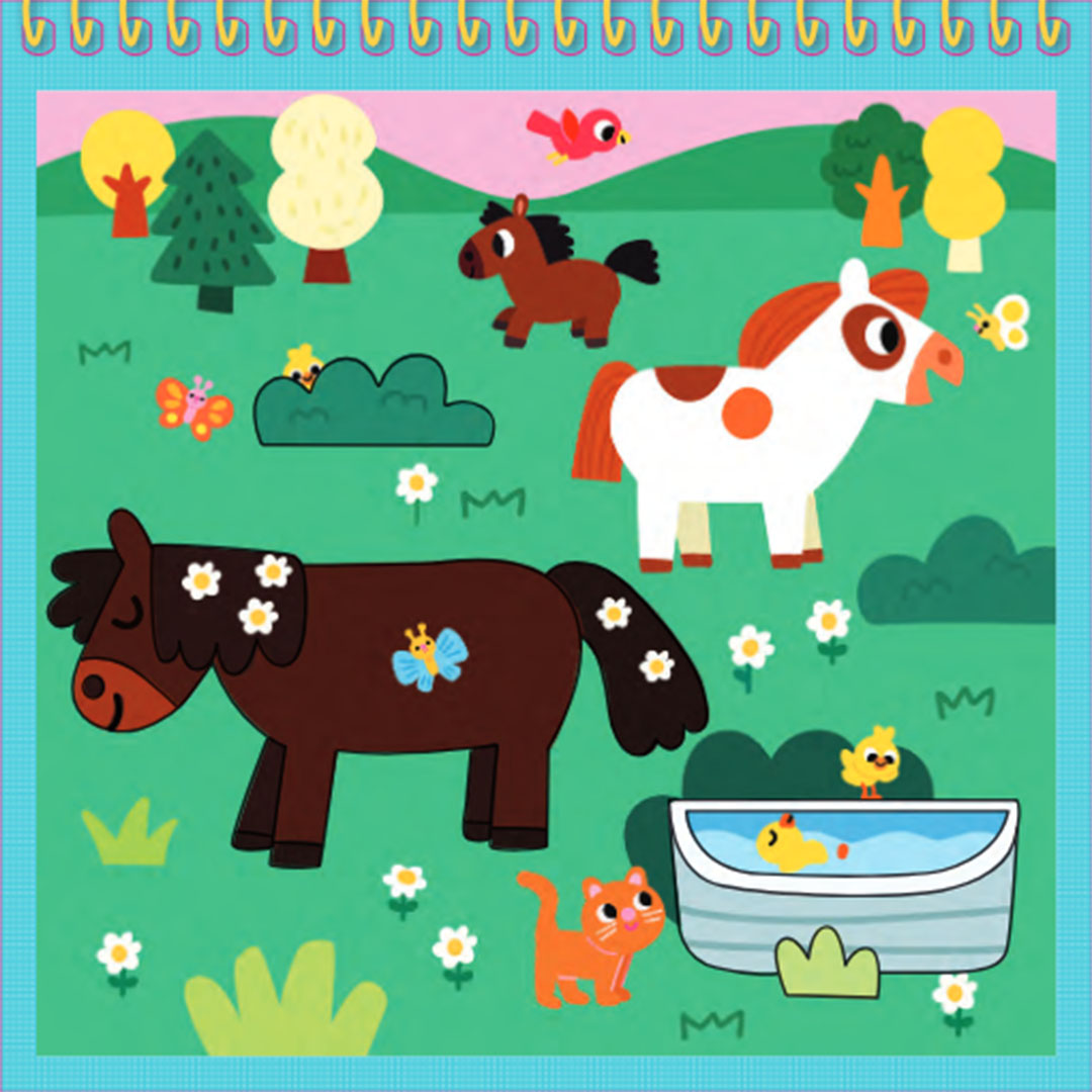 Detail van een kleurplaat uit het kleuren met water boek met paarden, een kat en andere dieren in een landschap.