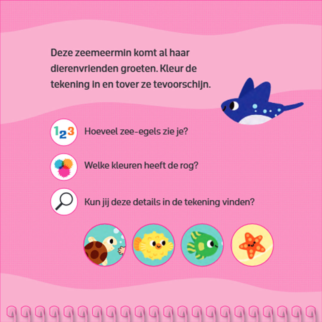 Een infographic met instructies en vragen over de zeemeermin kleurplaat, met een rog en kleine zeedieren op een roze achtergrond.