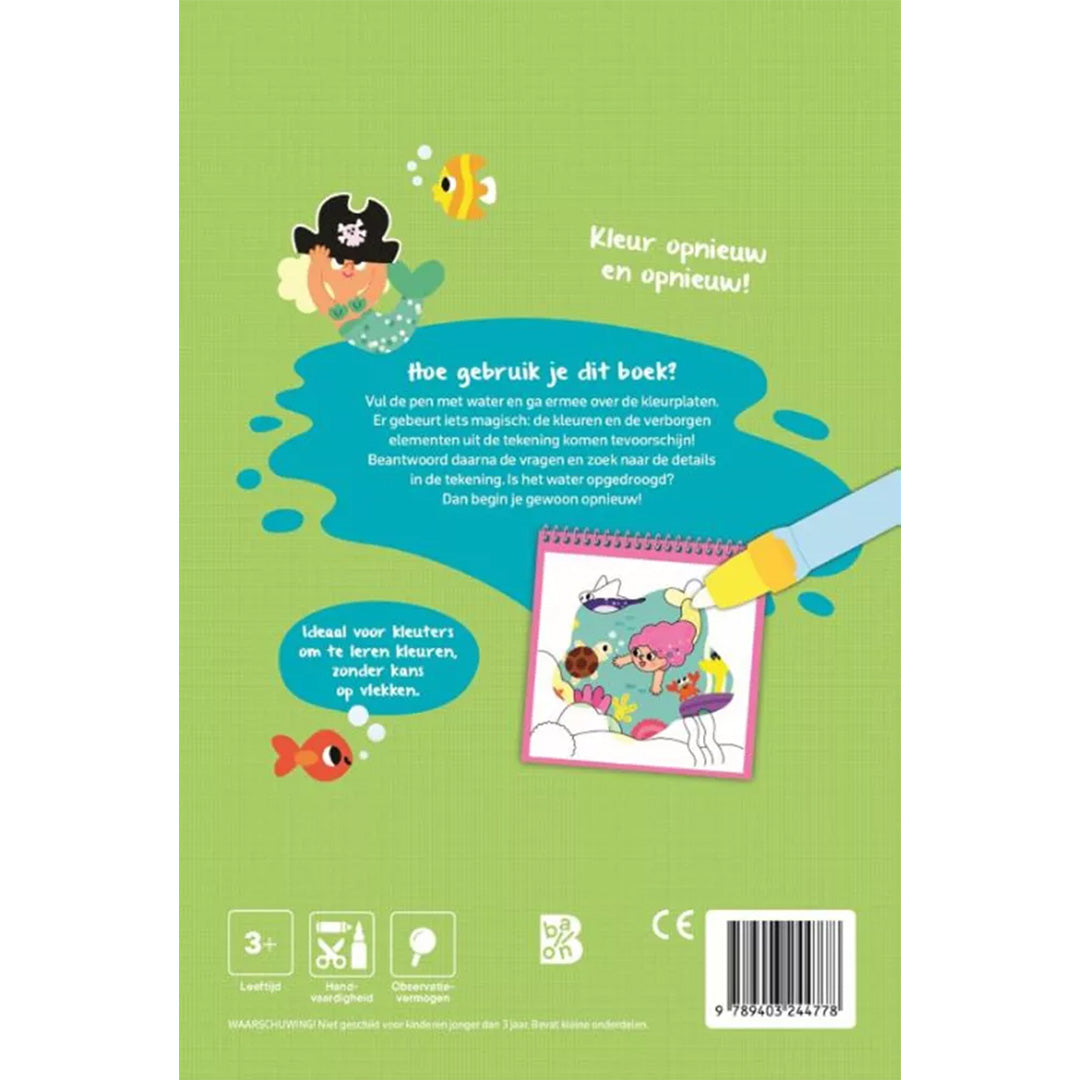 De achterkant van de verpakking van het Ballon Kleuren met Water zeemeerminnen kleurboek, met uitleg over het gebruik en leeftijdsindicatie voor kleuters.