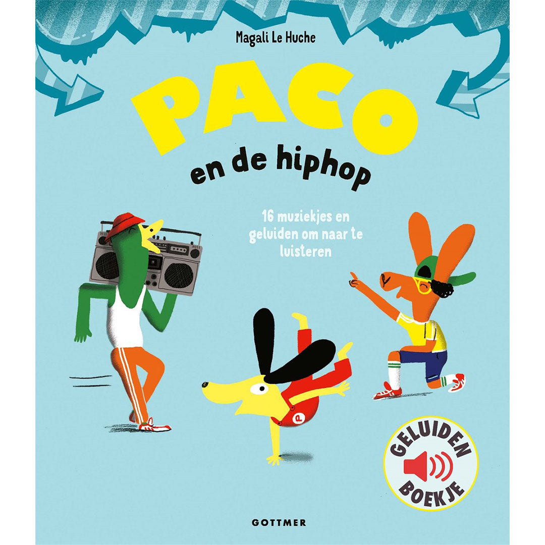 Gottmer geluidenboek Paco en de hiphop met dansende cartoon dieren en een boombox op de voorkant.