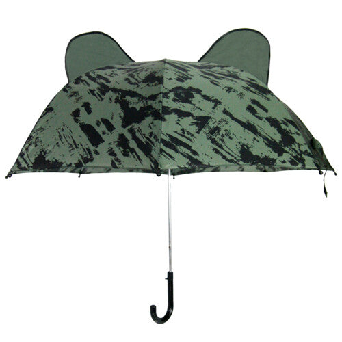 Vanpauline kinderparaplu met groene distressed print en dierenoren, opengeklapt.