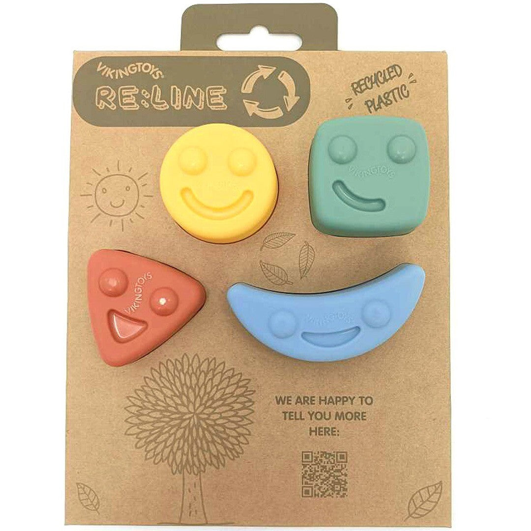 Verpakking van de Viking Toys Ecoline zandvormpjes met vrolijke gezichten, gemaakt van gerecycled plastic.