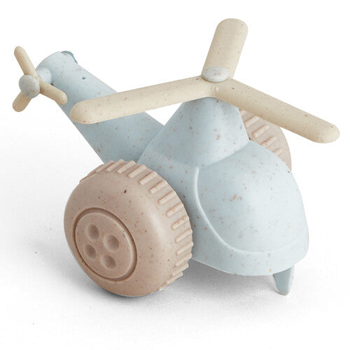 Een Viking Toys lichtblauwe plastic speelgoedhelikopter met beige wielen.