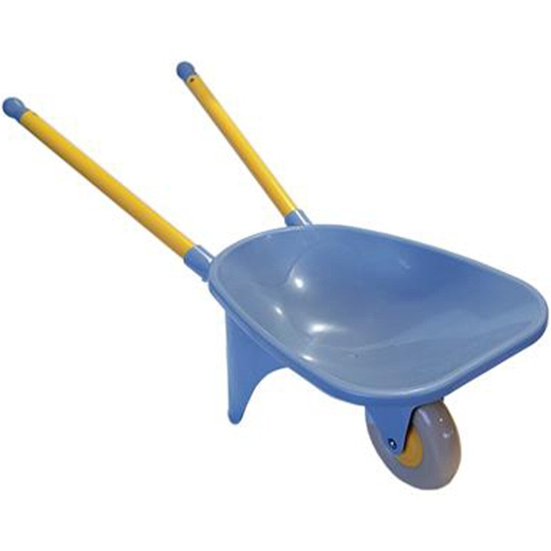 Viking Toys blauwe plastic speelgoed kruiwagen met gele handvatten.