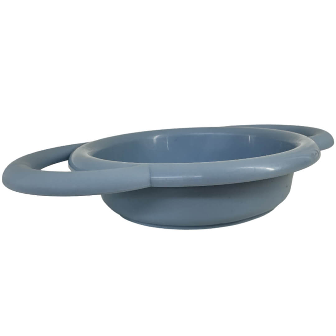 Viking Toys blauwe plastic zandzeef met handvatten, van de zijkant gezien.