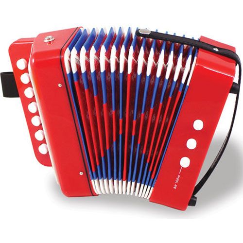 Vilac speelgoed accordeon in rood met blauw-wit gestreepte balg.