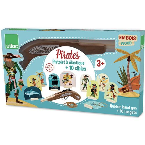 De Vilac productverpakking van het piraten elastiekpistool met schietschijven.
