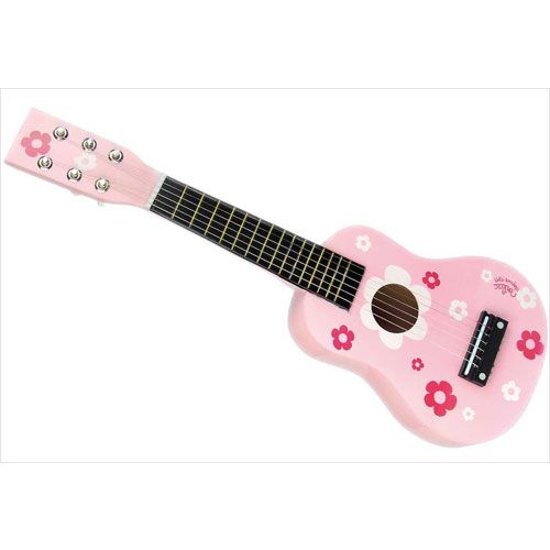 Vilac roze houten speelgoedgitaar met bloemenpatroon.