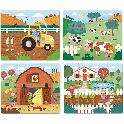 Vier Vilac houten boerderijpuzzels met afbeeldingen van een tractor, koeien, een schuur en een boerderij.