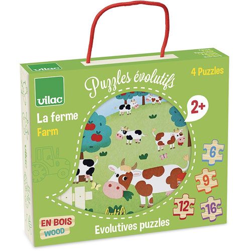 Verpakking van de Vilac houten boerderijpuzzels met een afbeelding van koeien en de tekst 'La ferme Farm'.