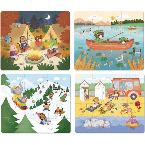 Vier Vilac houten groeipuzzels met dieren die kamperen, vissen, skiën en op het strand zijn.